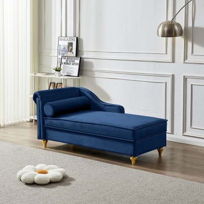 Modern Velvet Chaise Lounge Chair with Storage,Upholstered Recliner with Gold Metal Legs and Pillow for Bedroom or Living Room-The Pop Home