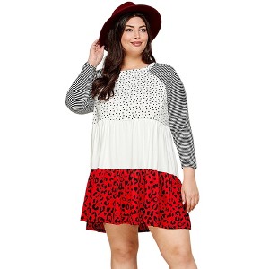 Slickblue Plus Size Red Swing Tiered Dress with Polka Dot and Animal Print Contrast, Striped Sleeves, Size 1XL-3XL - 1 of 4