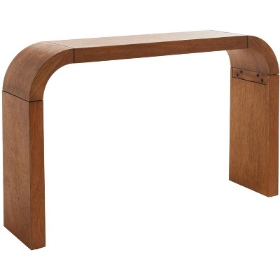 Natural Wood and Black Metal Curved Console Table
