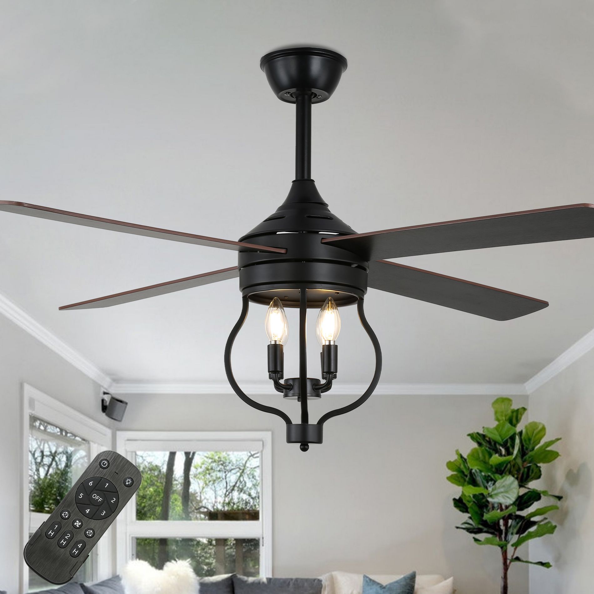 Bella Depot 52" Farmhouse Black  Ceiling Fan 6-Speed Reversible Blades with Remote Control and Light Kit(Bulbs not Included)