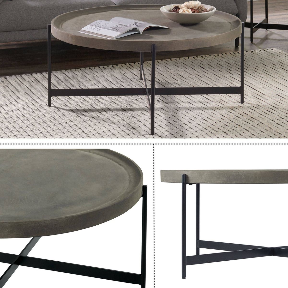 Alaterre Furniture 42" Brookline Round Coffee Table with X-Frame Metal Base - thumbnail 3