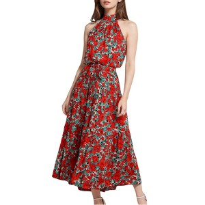 Anna-Kaci Women's Halter Neck Floral Maxi Dress with Waist Tie and Flowing Skirt - 1 of 4