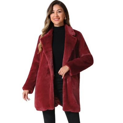 Allegra K Women's Lapel Collar Faux Fur Fuzzy Winter Long Overcoat with Pockets
