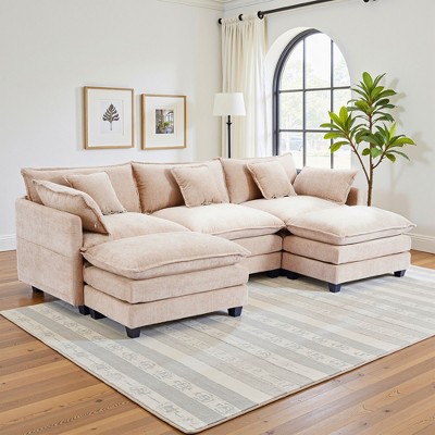 3-Seat U-Shaped Modern Cloud Couch - Chenille Modular Sectional with Deep Seat, 2 Ottoman & 4 Pillows for Home/Apartment Spaces