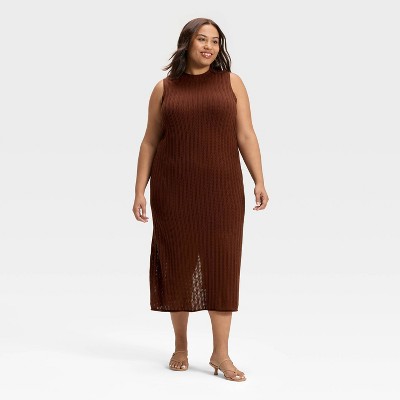 Women's Pointelle Maxi Sweater Dress - A New Day Brown XXL