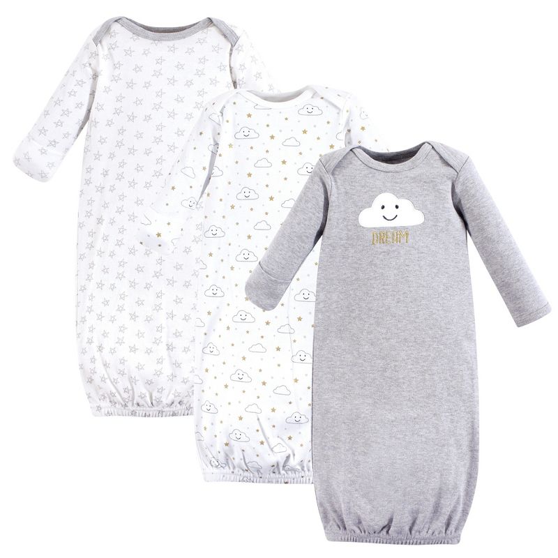 Hudson Baby Infant Cotton Long-Sleeve Gowns 3pk, Gray Clouds, 0-6 Months, 1 of 3