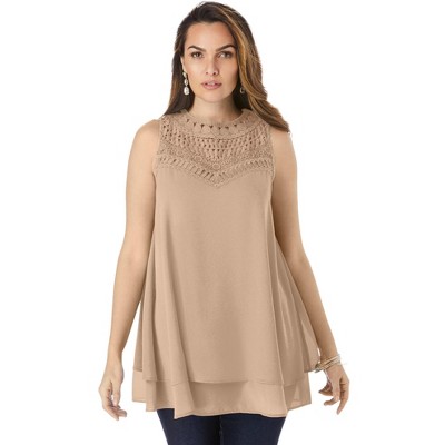 Roaman's Women's Plus Size Lace Yoke Top
