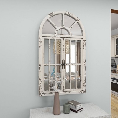 Vintage Farmhouse 26x46 Distressed White Wooden Arched Wall Mirror