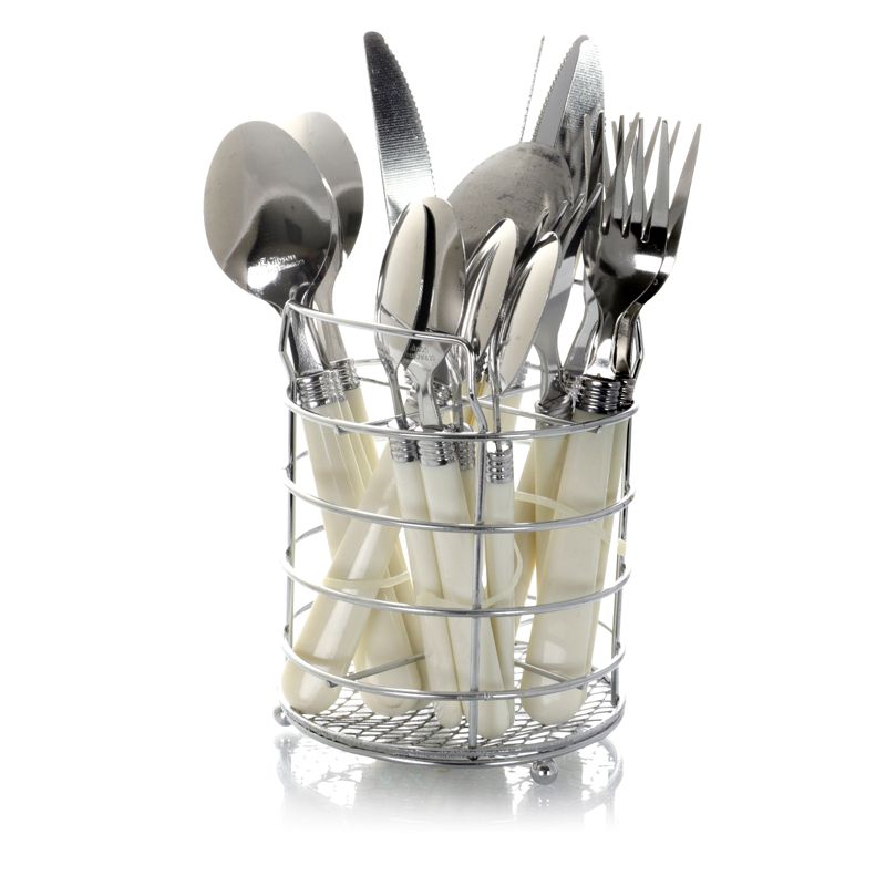 Gibson Sensations II 16 Piece Stainless Steel Flatware Set with White Handles and Chrome Caddy, 1 of 8