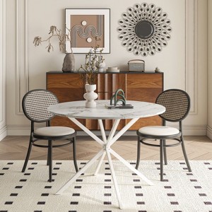 42.13" Modern Round Dining Table with Criss Cross Leg,Four Patchwork Tabletops with  Solid Wood Veneer Table Top,Metal Base Dining Table-Maison Boucle - 1 of 4