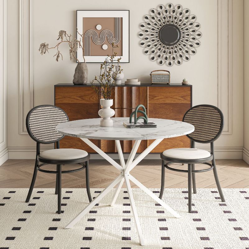 42.13" Modern Round Dining Table with Criss Cross Leg,Four Patchwork Tabletops with  Solid Wood Veneer Table Top,Metal Base Dining Table-Maison Boucle, 1 of 7