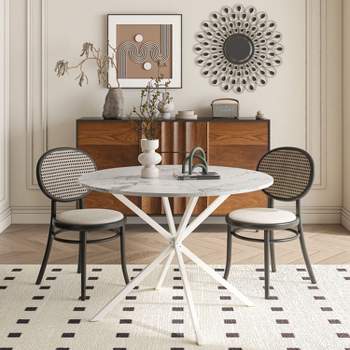 42.13" Modern Round Dining Table with Criss Cross Leg,Four Patchwork Tabletops with  Solid Wood Veneer Table Top,Metal Base Dining Table-Maison Boucle