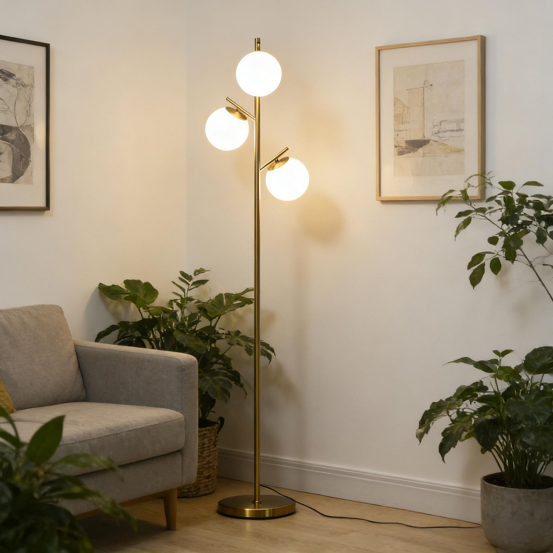 GDFStudio Luminara Modern Tree Floor Lamp with Three Globe Shades, Gold/White