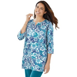 Woman Within Plus Size 7-Day Three-Quarter Sleeve Notch-Neck Tunic - 1 of 4