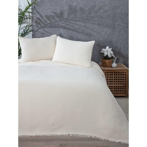 Sussex Home Muslin Blanket 4 Layers, Soft Bedspread, 100% Turkish Cotton Muslin Bed Cover, Reversible Coverlet, Ivory, 91x95, Queen Size