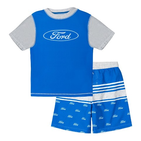 Ford Little Boys Raglan Rash Guard and Swim Trunks UPF 50+ Outfit Set Colorblock Blue / Gray 7-8