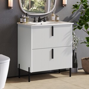 KWPZQEB 30" Modern Bathroom Vanity with Ceramic Sink, Vanity Cabinet w/ 2 Full-Extension Drawers & Vertical Pulls,Fluted Design Bath Vanity Sink Combo - 1 of 4