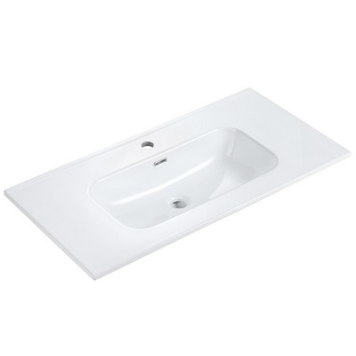 Vynxaria 35.8"L x 18.3"W One-Piece Gloss White Bathroom Sink Ceramic Countertop Basin