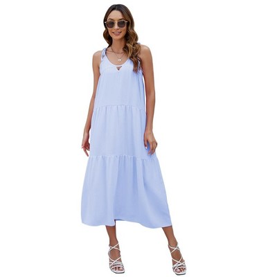 Women's Spaghetti Strap Summer Dress 2024 - V Neck Swing Midi Sundress With Buttons