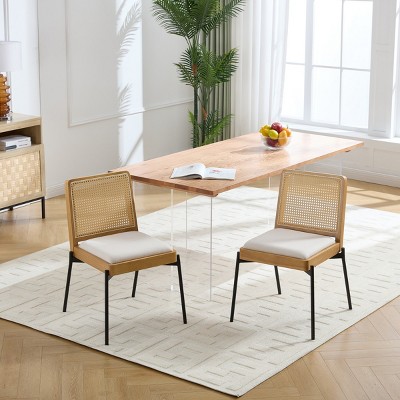 Set of 2 Modern Upholstered Dining Chairs,Linen Fabric Side Chairs with Rattan Backrest and Metal Legs for Kitchen or Dining Room-Baofuwish