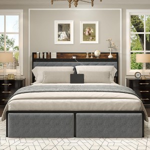 Queen Size Bed Frame with Storage Headboard and 2 Drawers, Platform Metal Queen Bed Frame - 1 of 4