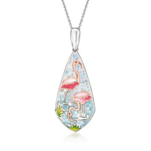 Ross-Simons Mother-Of-Pearl and Multicolored Enamel Flamingo Mosaic Pendant Necklace in Sterling Silver and 18kt Rose Gold Over Sterling Size 18 - 1 of 3
