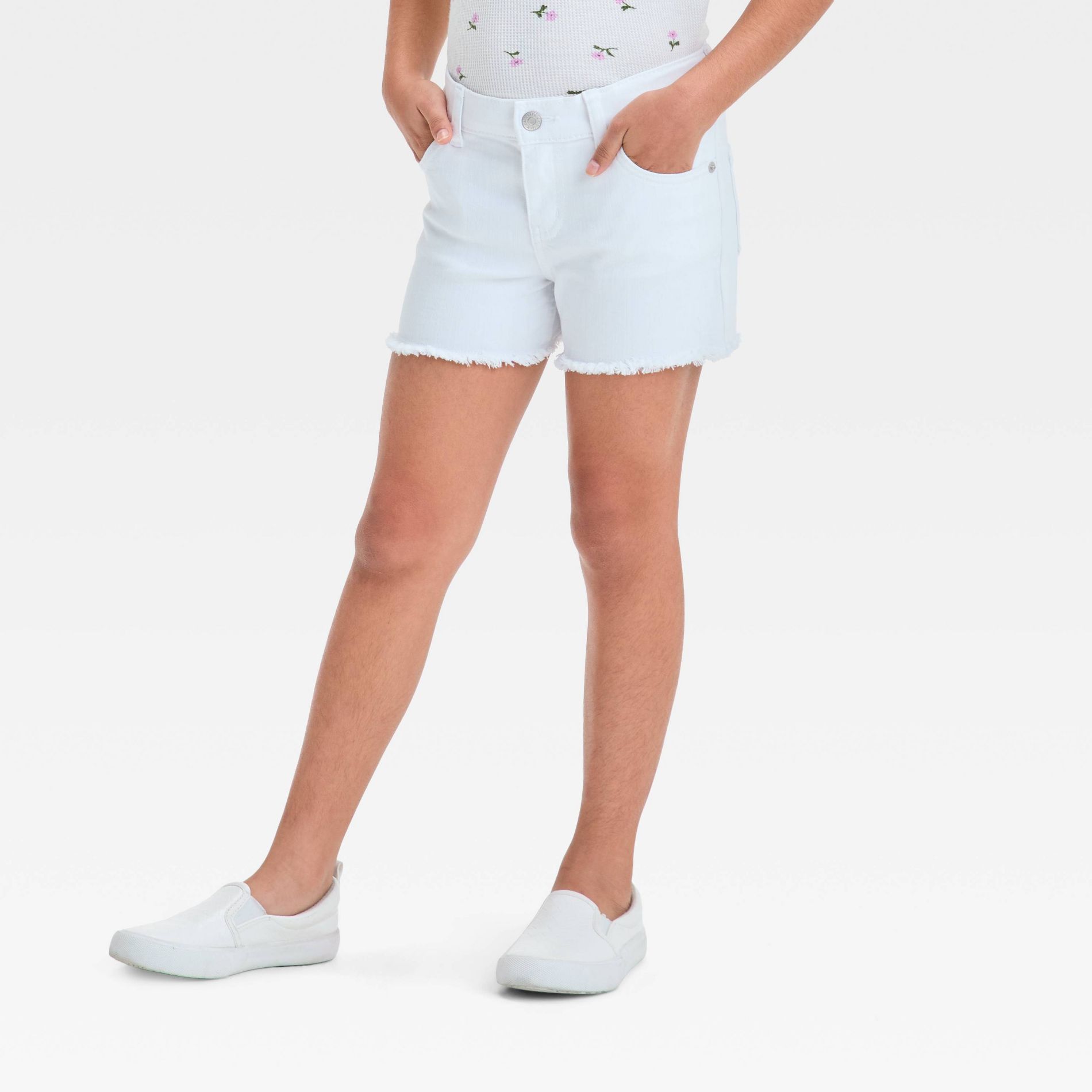 Girls' Cutoff Mid-Rise Jean Shorts - Cat & Jack™ White L: Adjustable Waistband, Stretch Denim, Machine Washable