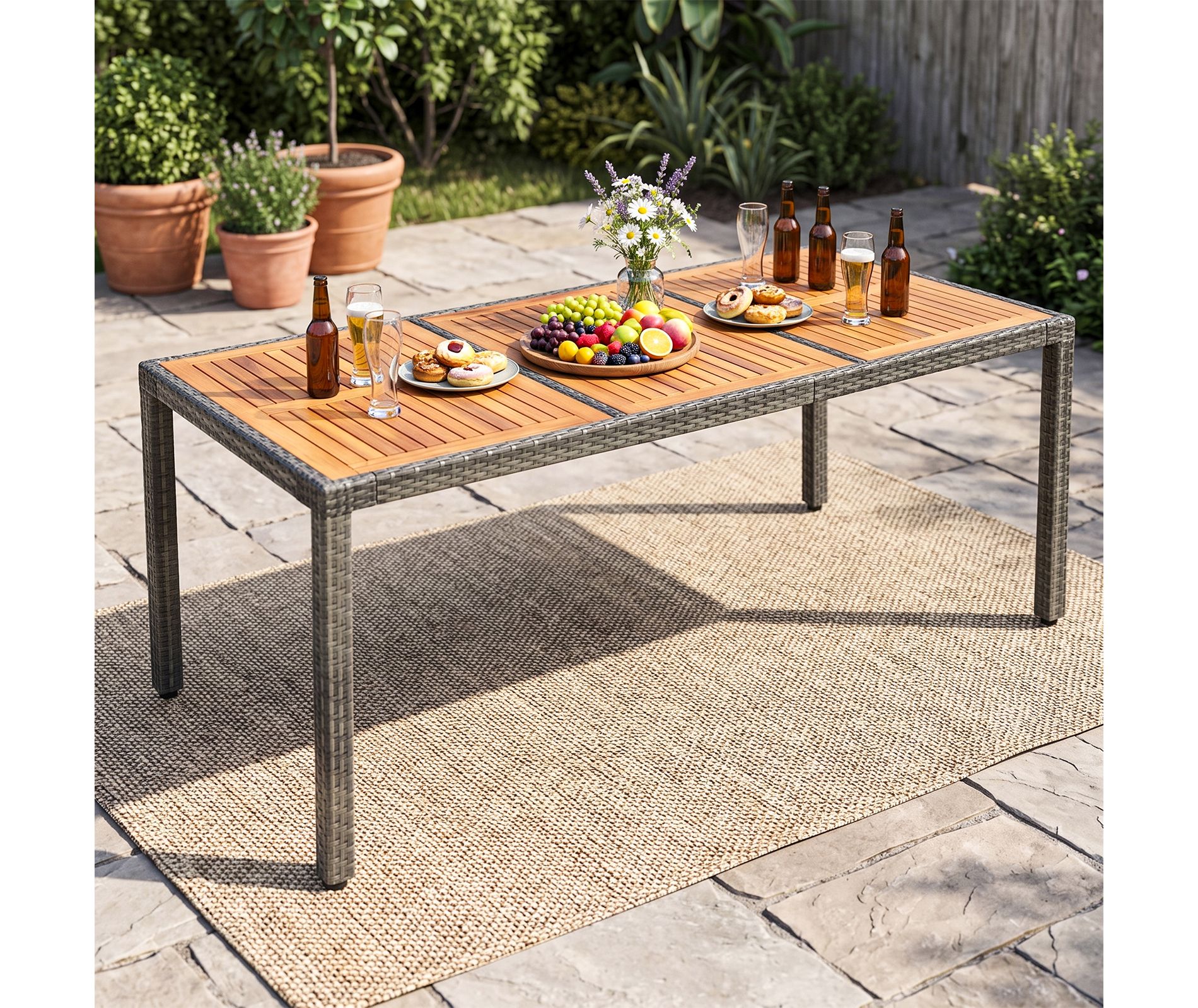 Costway Outdoor Dining Table for 8, Acacia Wood Patio Table with Slatted Top for Garden Natural & Gray
