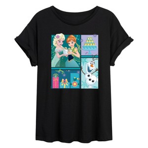 Women's - Disney - Elsa, Olaf & Anna Birthday Celebration Oversized Graphic T-Shirt - 1 of 4