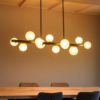Rennnsan Zorran 44" W 12 - Light Liner Bubble Frosted Glass Mid-Century Modern Dimmable Kitchen Island Pendant in Black