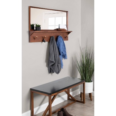 Walnut Wood Framed Rectangular Wall Mirror with Hooks