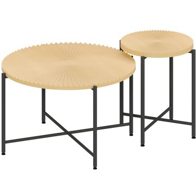 Vynxaria Rustic 2-Piece Coffee & End Table Set, Technical Wood, Radial Pattern, Waterproof MDF/PVC, Black Metal Legs, Distressed Cylindrical Design