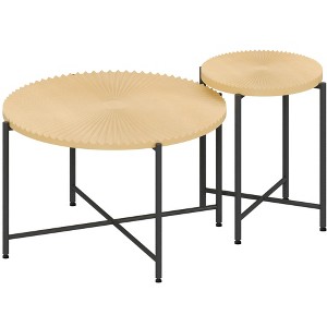 Vynxaria Rustic 2-Piece Coffee & End Table Set, Technical Wood, Radial Pattern, Waterproof MDF/PVC, Black Metal Legs, Distressed Cylindrical Design - 1 of 4