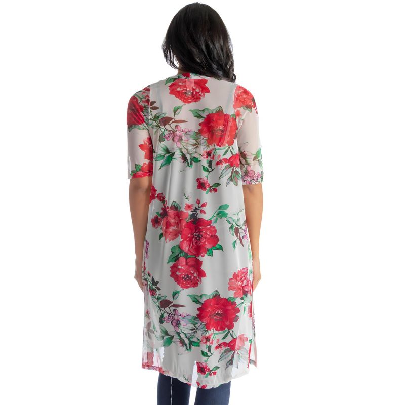24seven Comfort Apparel Plus Size White And Red Floral Pattern Knee Length Sheer Cardigan, 3 of 5
