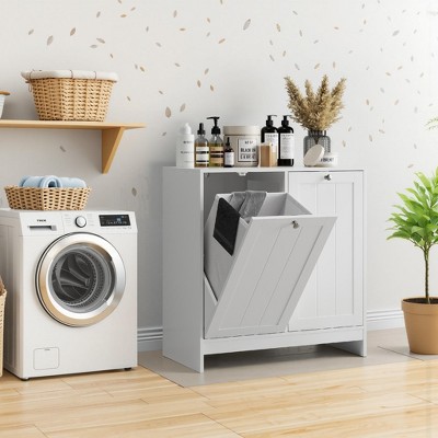 White Bathroom Storage Cabinet with 2 Hidden Laundry Hampers, Waterproof Freestanding Laundry Cabinet, Tilt-Out Laundry Hamper Cabinets for Washroom