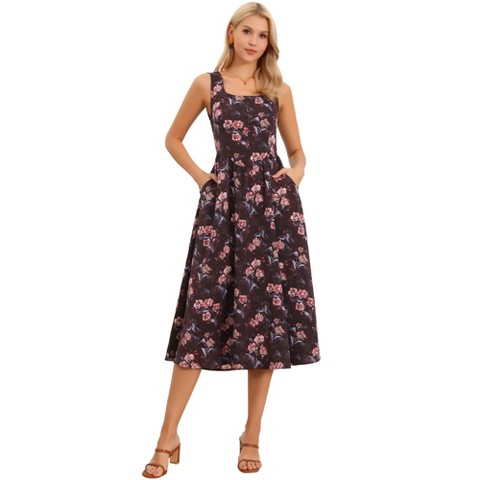Женские платья INSPIRE CHIC Women's Summer Floral Midi Sleeveless Square Neck Flowy Sundress with Pockets Small Brown Red Floral