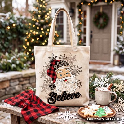 Believe Santa Buffalo Plaid Tote Bag, Retro Christmas Gift Shopper ...