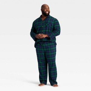 Men's Plaid Flannel Long Sleeve Shirt and Pants Holiday Matching Family Pajama Set - Wondershop™ Navy Blue - 1 of 4