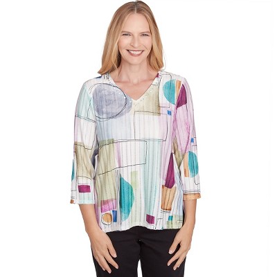 Alfred Dunner Womens Geometric V-Neck Three Quarter Sleeve Top