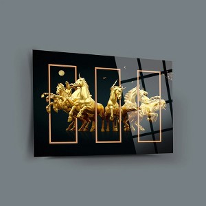 Golden Horses Glass Wall Decor – Frameless Free Floating Tempered Glass Panel – Modern Art for Home or Office – Glass Wall Art (27.5”H x 39.3”W) - 1 of 4