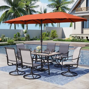 Captiva Designs 8pc Outdoor Wood-look Rectangle Steel Dining Table & Sling Swivel Chairs & Market Umbrella - 1 of 4