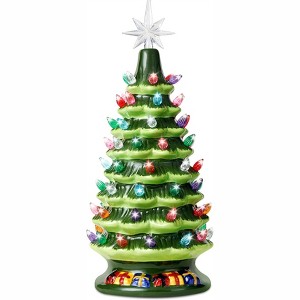 JOYFY 15" Prelit Ceramic Christmas Tabletop Tree with 70 Lights, Hand-Painted Ceramic Tabletop Christmas Tree for Christmas Holiday Indoor Decorations - 1 of 4
