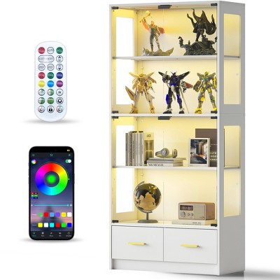 Skyzoo 5-Tier Glass Display Cabinet with LED Lights & Adjustable Shelves & 2 Drawers, Curio Cabinet for Home & Office, White