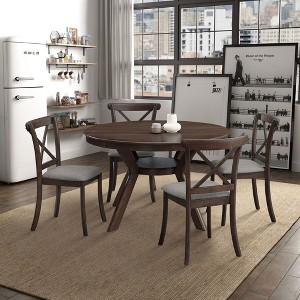GDFStudio Stilwell Modern 5 Piece Round Rubber Wood and Fabric Upholstered Dining Table Set - 1 of 4