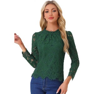 Allegra K Women's Lace Long Sleeve Keyhole Back Ruffle Neck Floral Blouse - 1 of 4