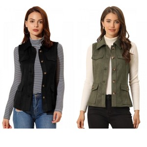 INSPIRE CHIC Women's Buttoned Sleeveless Faux Suede Utility Vest with Cargo Pocket 2 Packs - 1 of 4
