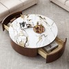 35.4" Walnut Round Coffee Table with Faux Marble Sintered Stone Top and Storage Drawers for Modern Living Room-The Pop Home - 2 of 4