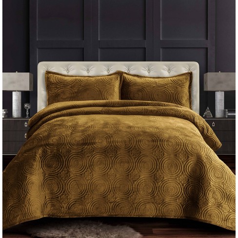 3pc King Capri Medallion Velvet Oversized Solid Quilt Set Camel ...