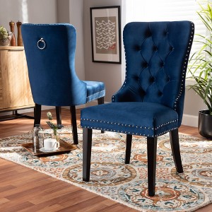 2pc Remy Velvet Upholstered Wood Dining Chair Set Blue/Espresso - Baxton Studio: Oak Frame, Soft Touch - 1 of 4