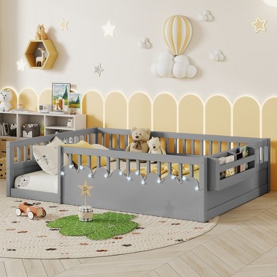 JUJABU Full Wood Floor Bed Frame with High Rails, Built-In Light & Storage Shelf for Kids